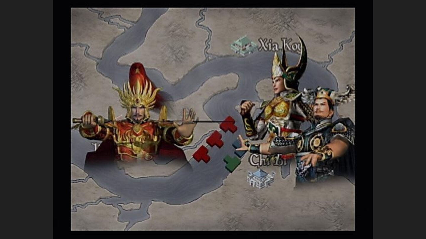 Wei, meet the mighty power of Wu-Shu! Pre-battle strategic overviews often involve a map with standard unit icons and imagery of the generals involved. Here the Army of Wei engages the combined fleets of Wu and Shu at Chi Bi.