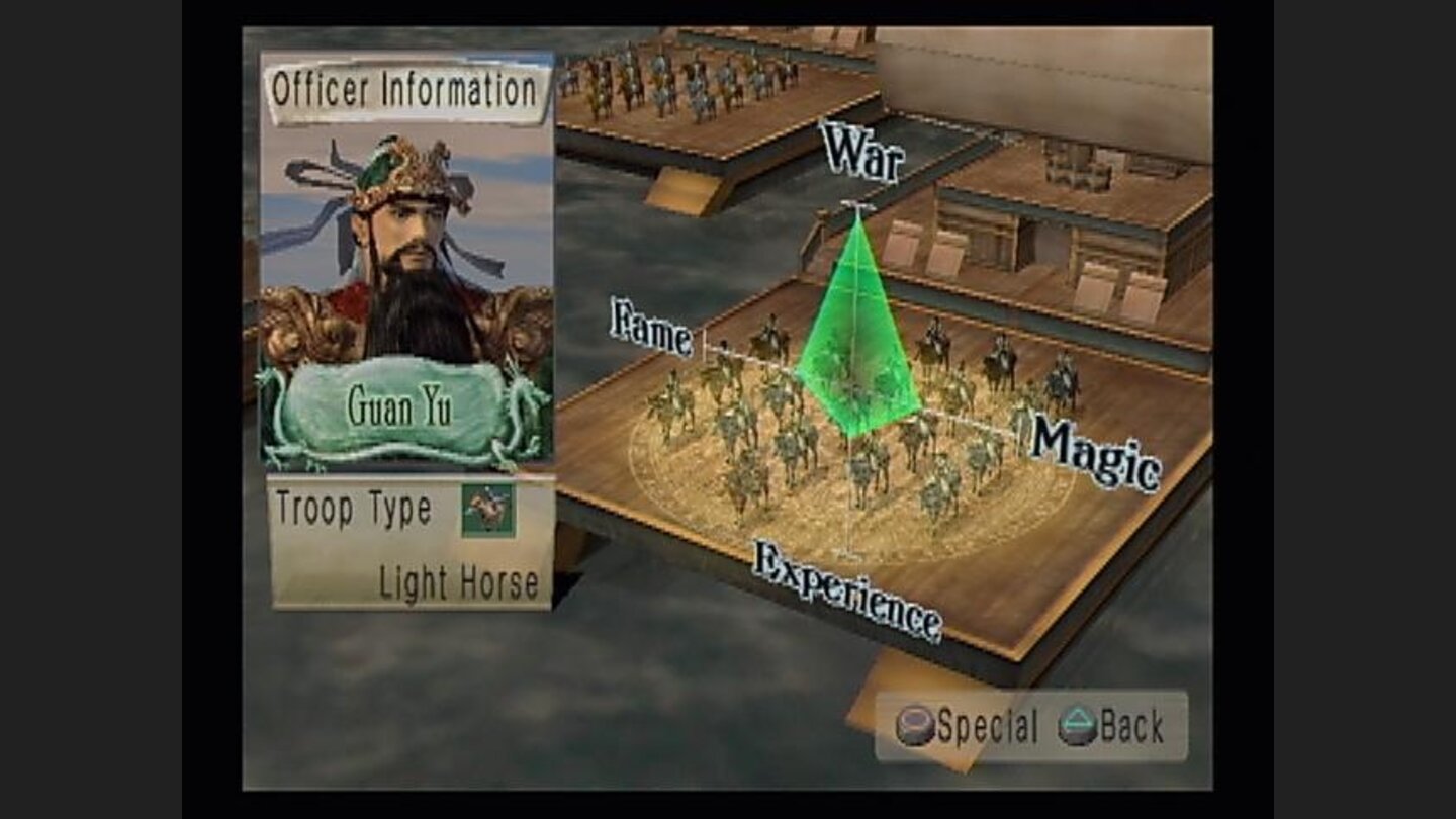 Truly a god of war. Guan Yus stats early in the game. You can also change formations from the tactical menus.