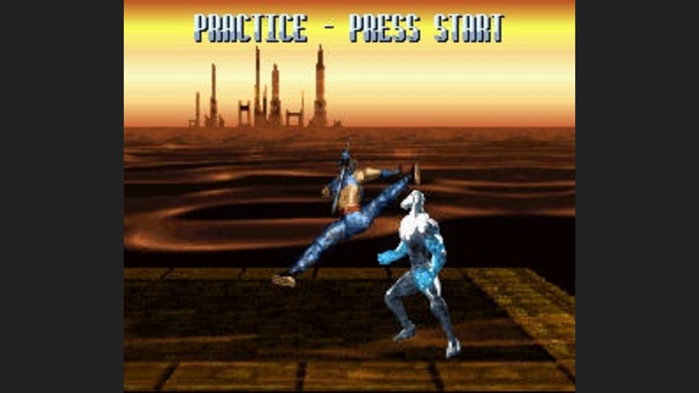Practice mode allows you to learn the special moves. Here, Jago tries his flying kick on Glacius
