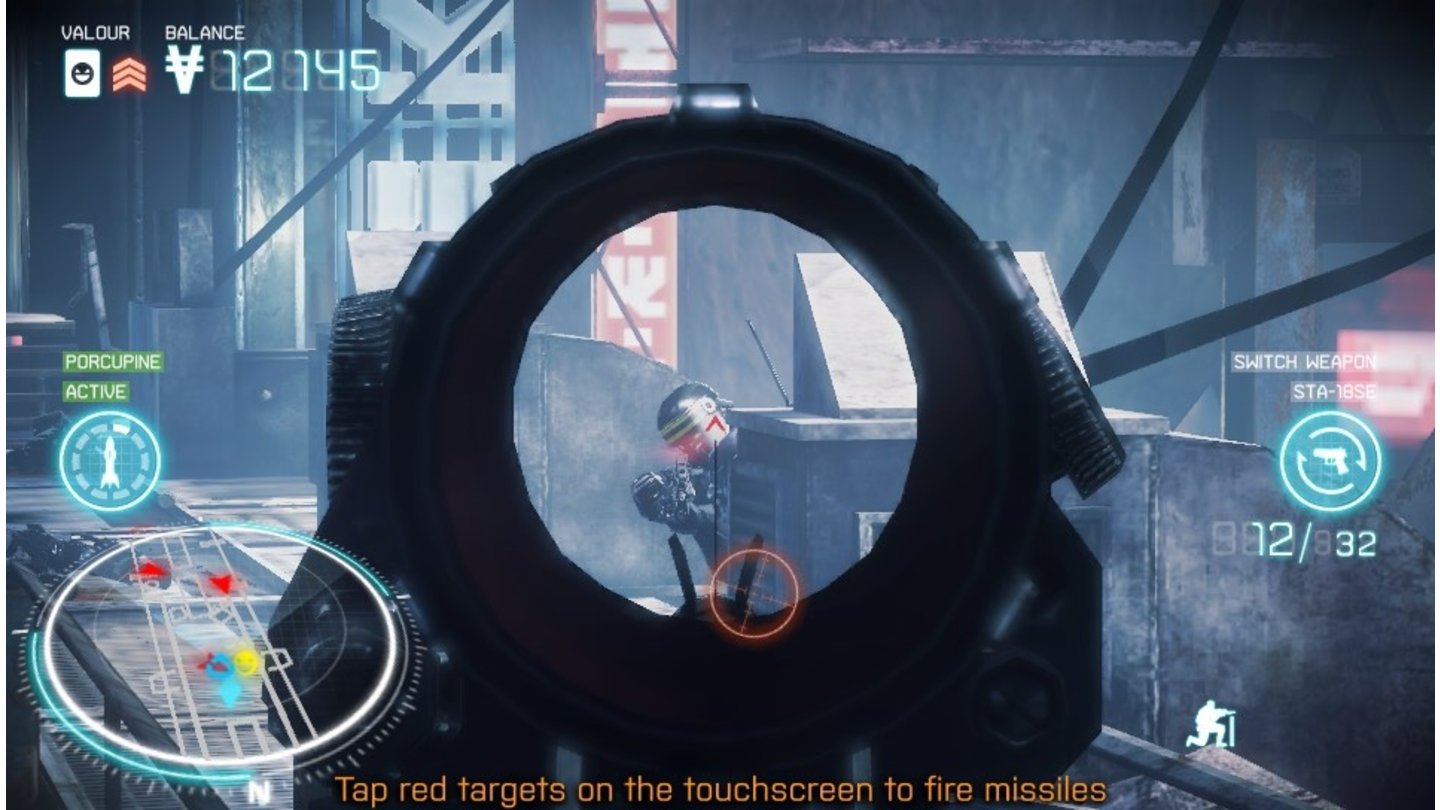 Killzone MercenaryDer rote Kreis zeigt an, dass wir den Soldaten auch mit einer Van-Guard-Rakete erledigen können.