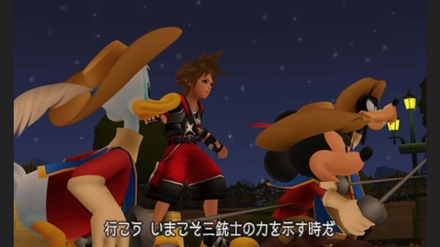 Kingdom Hearts 3D: Dream Drop DistanceZusammen mit den drei Musketieren Micky, Donald und Goofy kämpfen wir Seite an Seite.