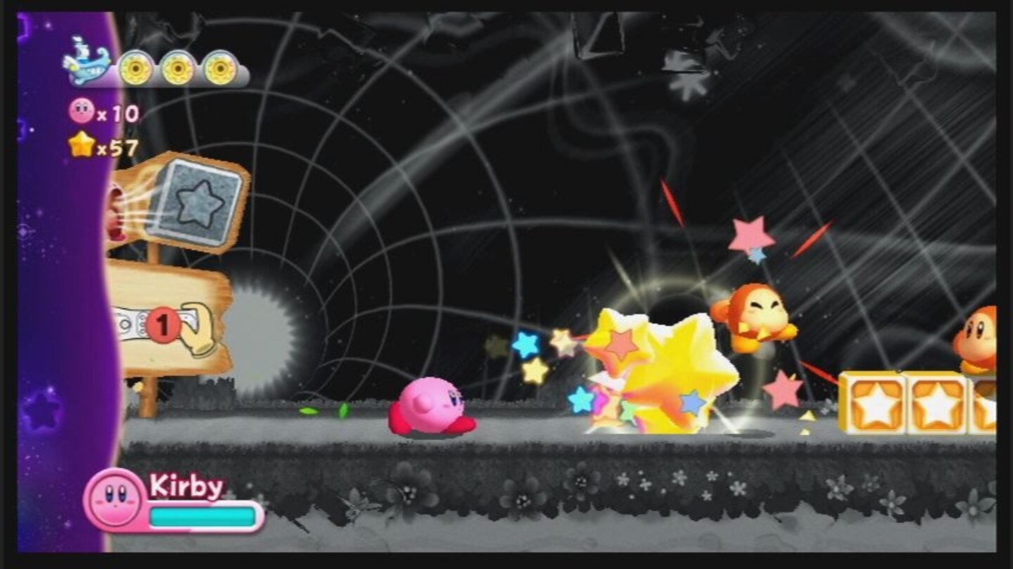 Kirbys Adventure WiiWenn die pinke Kugel erst einmal etwas ausspuckt, dann rollt es voraus und macht ihm den Weg frei.
