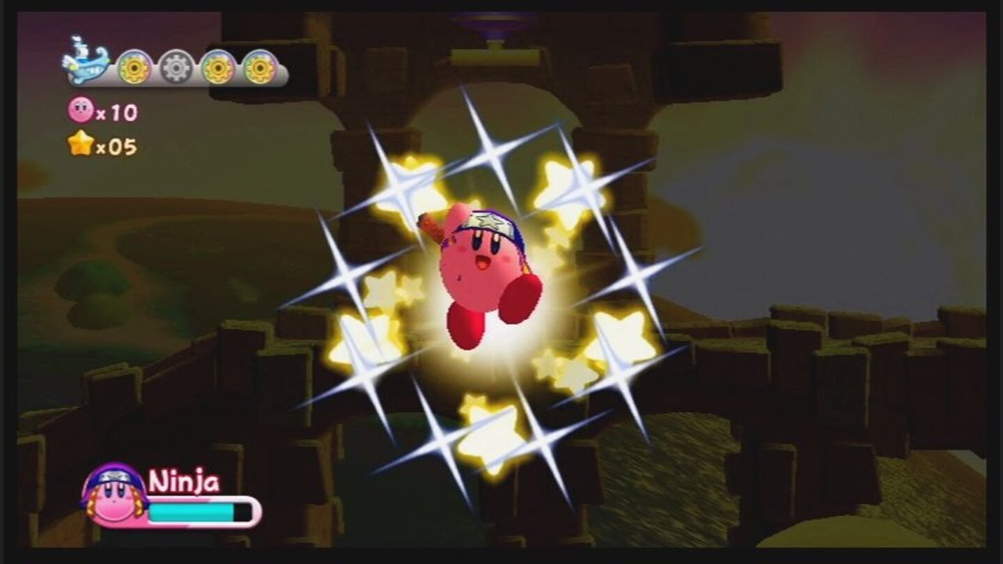 Kirbys Adventure WiiJedes mal wenn er einen Gegner mit besonderen Fähigkeiten eingesaugt hat, freut sich Kirby tierisch über die erhaltene Superkraft.
