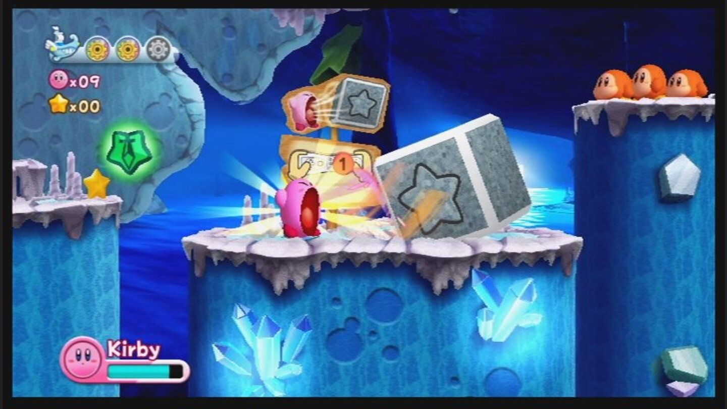 Kirbys Adventure WiiDurch Schütteln der Wii-Remote wird Kirby zum Super-Staubsauger und inhaliert alles was nicht niet- und nagelfest ist.