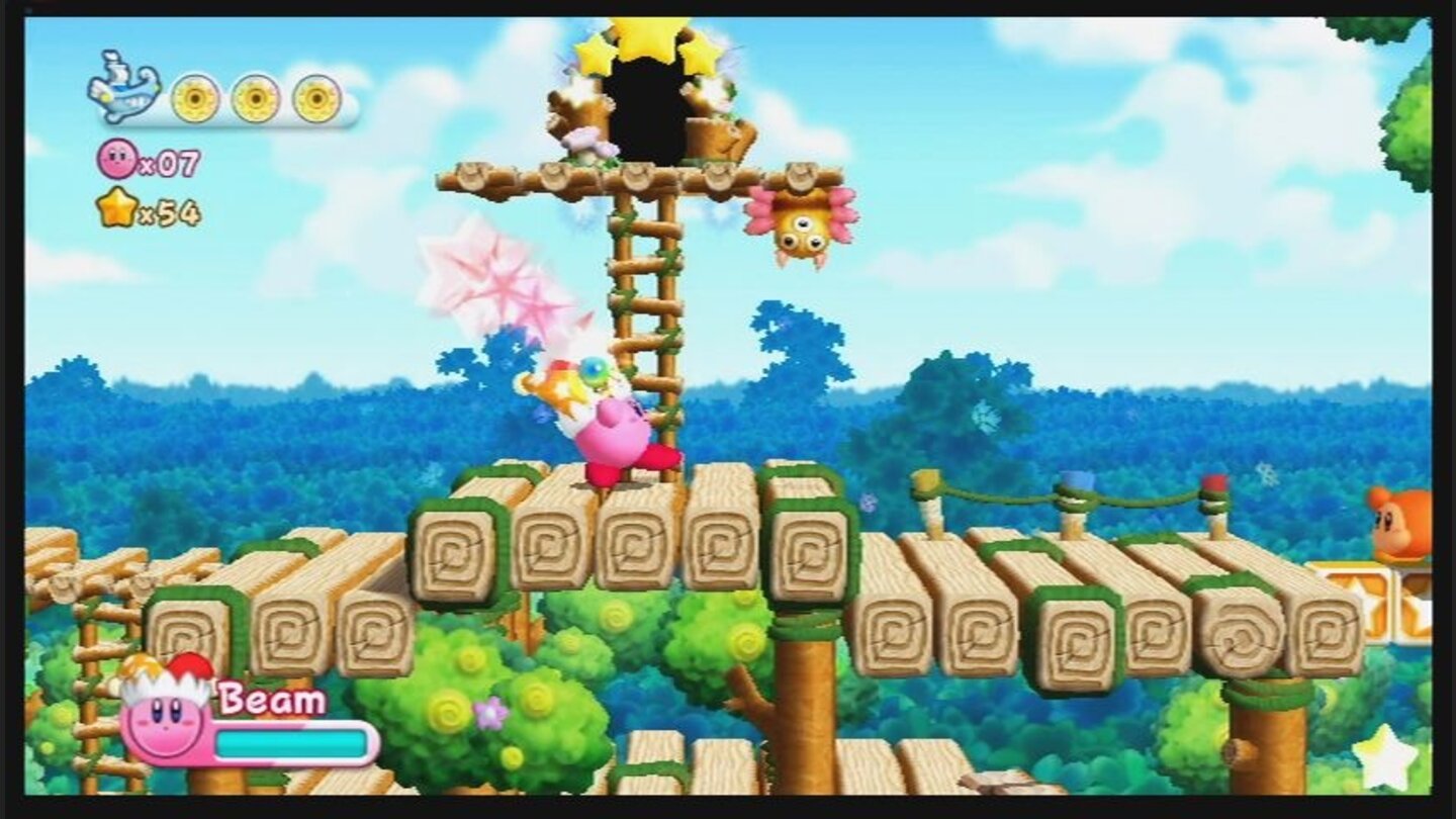 Kirbys Adventure WiiMit der Elektro-Peitsche sind diese seltsam gemusterten Spinnen überhaupt kein Problem.