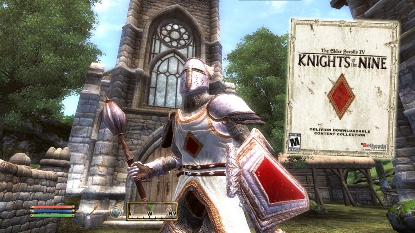 The Elder Scrolls IV: Knights of the NineOblivion war der erste Teil der Elder-Scrolls-Serie für den kostenpflichtige Download-Inhalte angeboten wurden. Nach einigen Mini-Erweiterungen, wie beispielsweise eine reichlich umstrittene Pferderüstung, lieferte Bethesda mit der Questreihe Knights of the Nine auch einen etwas größeren DLC ab. Darin muss der Spieler die Artefakte der Neun Göttlichen sammeln um dem Daedra-Halbgott Umaril entgegen treten zu können.