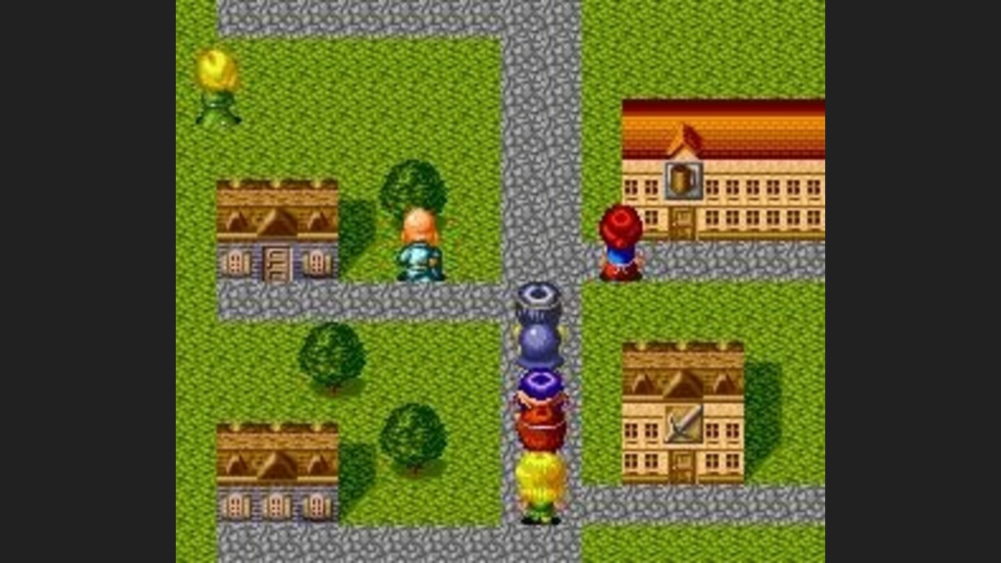 In a town. The characters are bigger than the houses :)