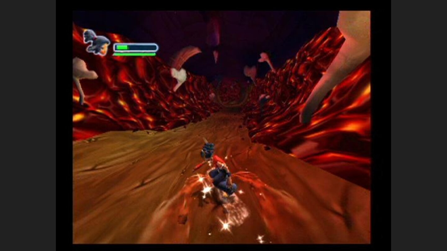 Boarding down a narrow path; dont touch those lava walls!