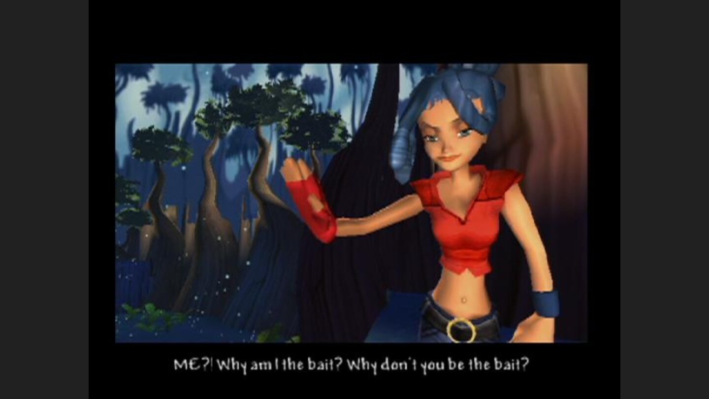 Kya in a cutscene; she doesnt want any part of this plan!
