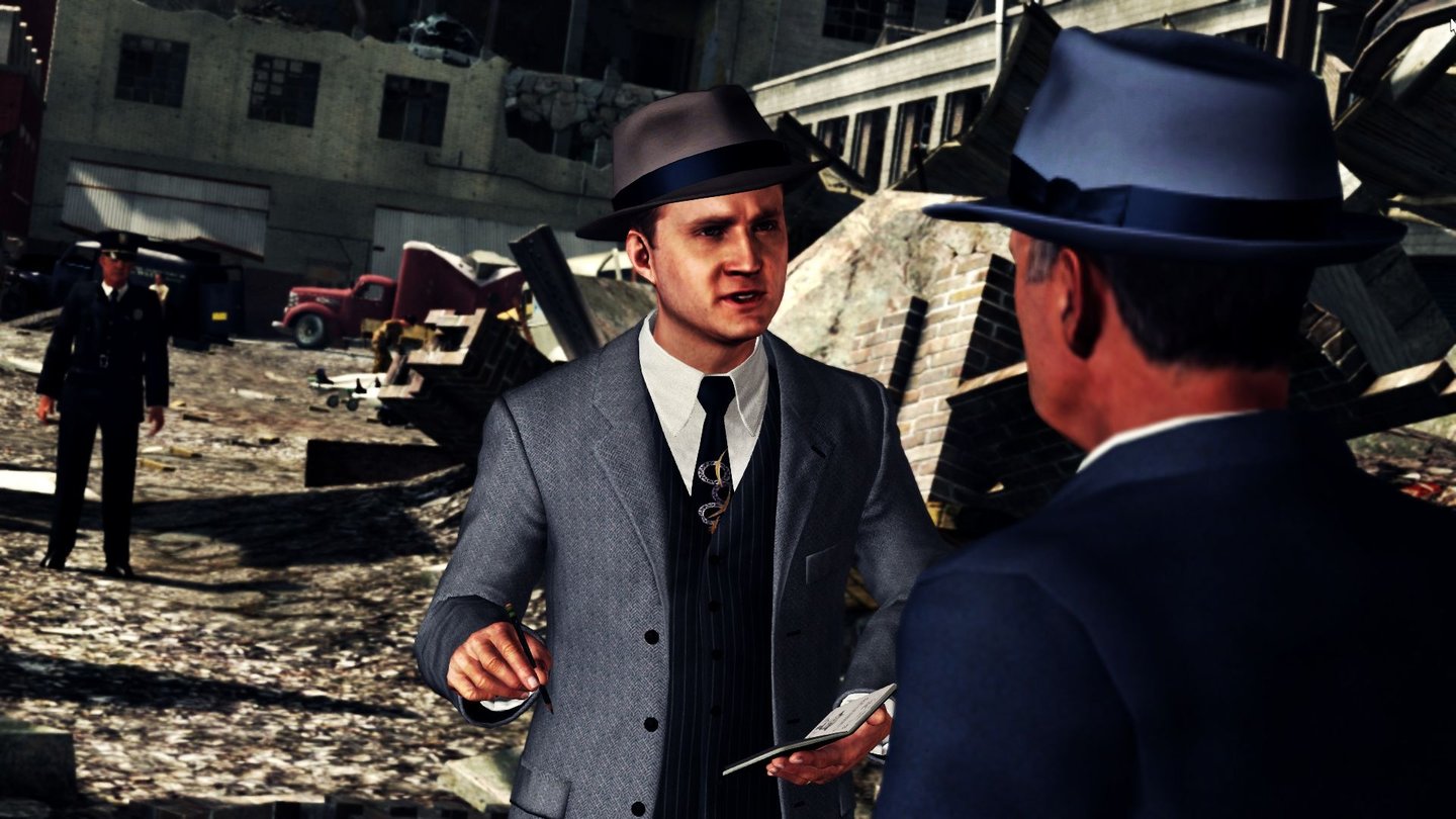 L.A. NoireWas weiß Fred Nicholson? In den Ruinen seiner Fabrik stellt sich der Industrielle den Fragen von Detective Phelps.