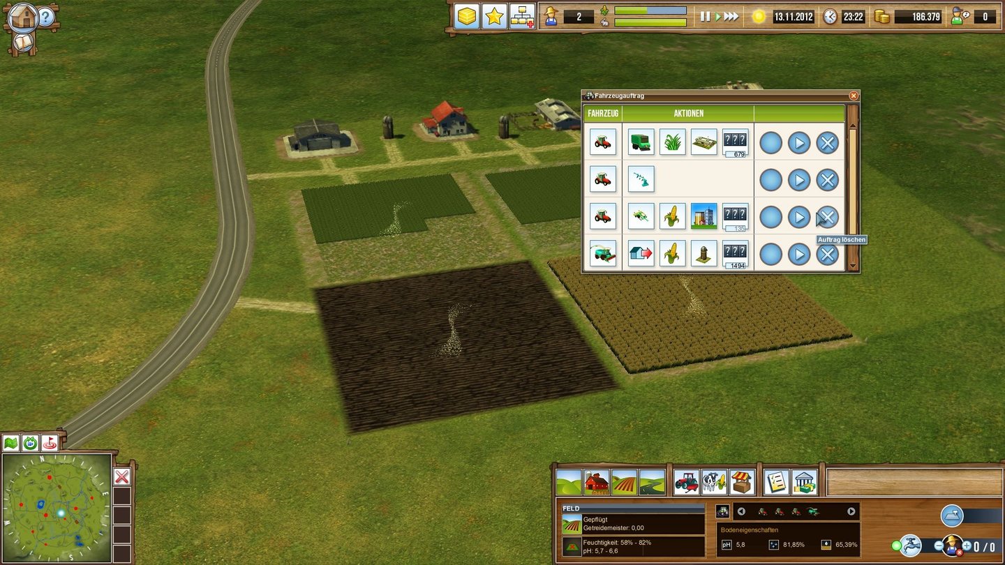 Landwirtschafts GigantDas offene Infofenster zeigt alle für dieses Gebäude oder Feld bereits erstellten Befehlsketten an.