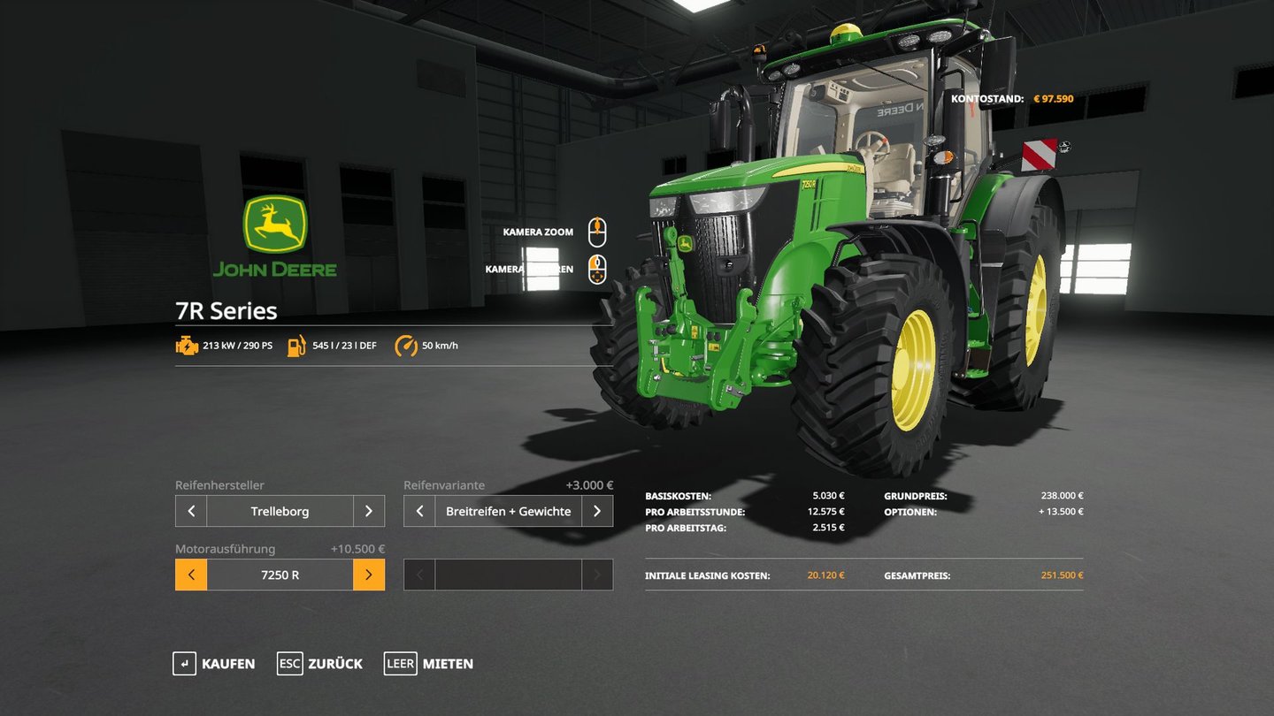 Landwirtschafts-Simulator 19Bevor wir ein Fahrzeug kaufen, modifizieren wir es im 3D-Kaufmenü. Hier stechen die Details der lizensierten Maschinen hervor.