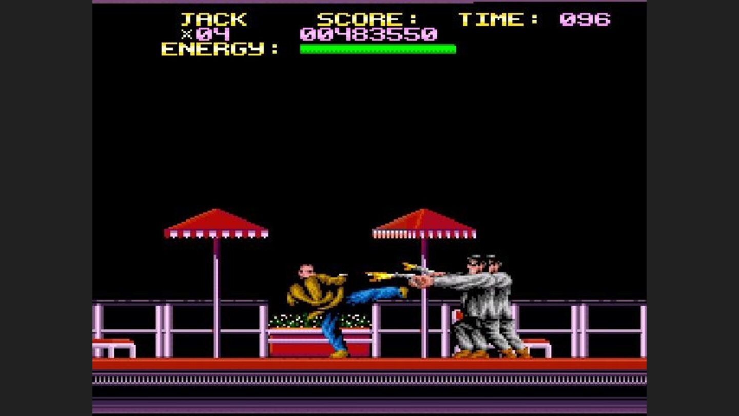 Jack fights more mafia guys on the hotel roof, after a crazy elevator-action jumping puzzle