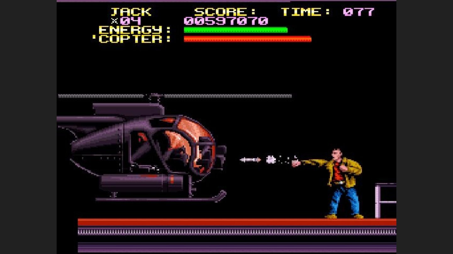 Jack battles a helicopter boss by PUNCHING ITS OWN MISSILES BACK AT IT?! Hey, its just a movie...