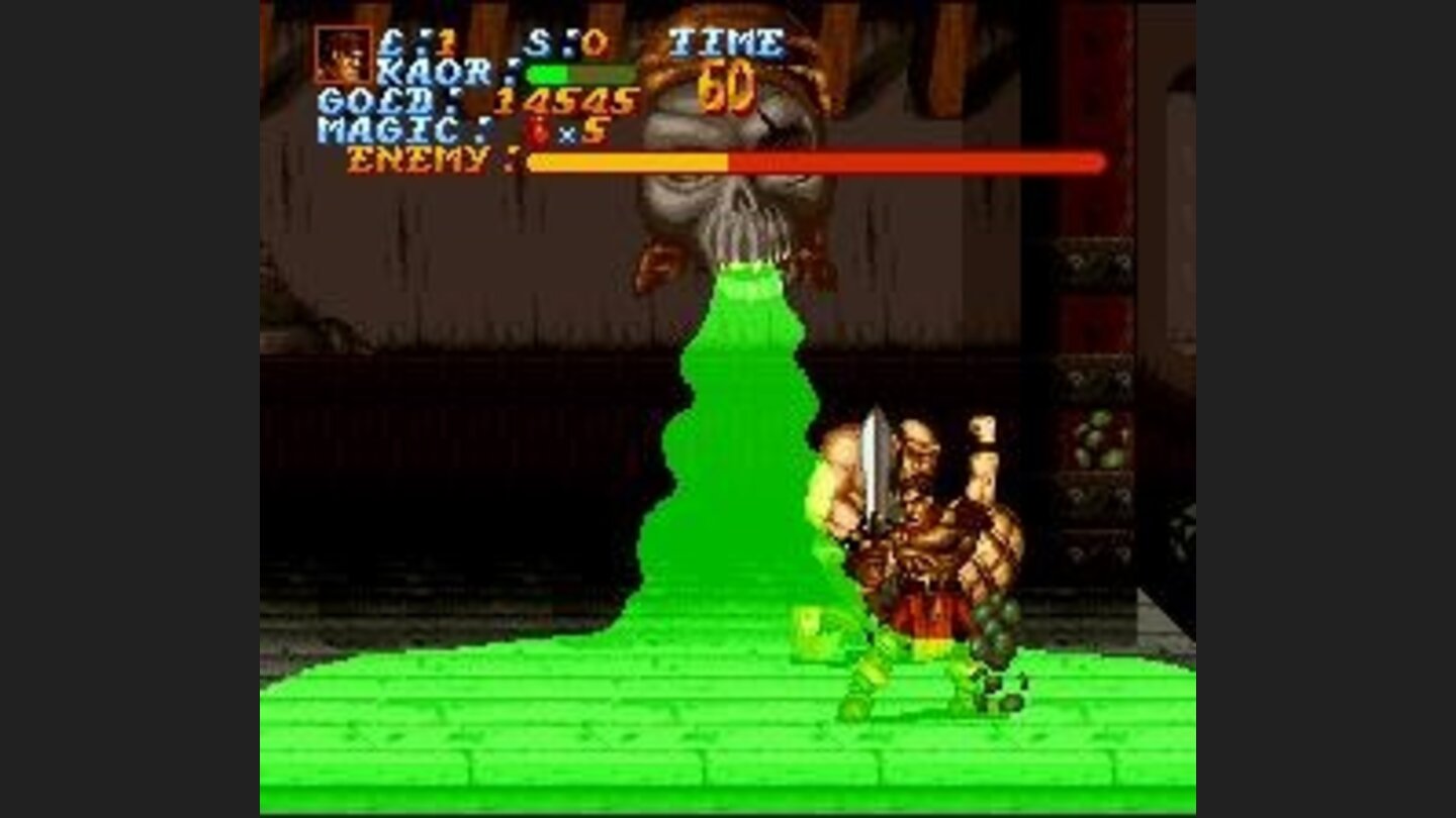 Using a spell in a boss-fight. Much like in Golden Axe, you can pick up magic bags that allow you to use spells.