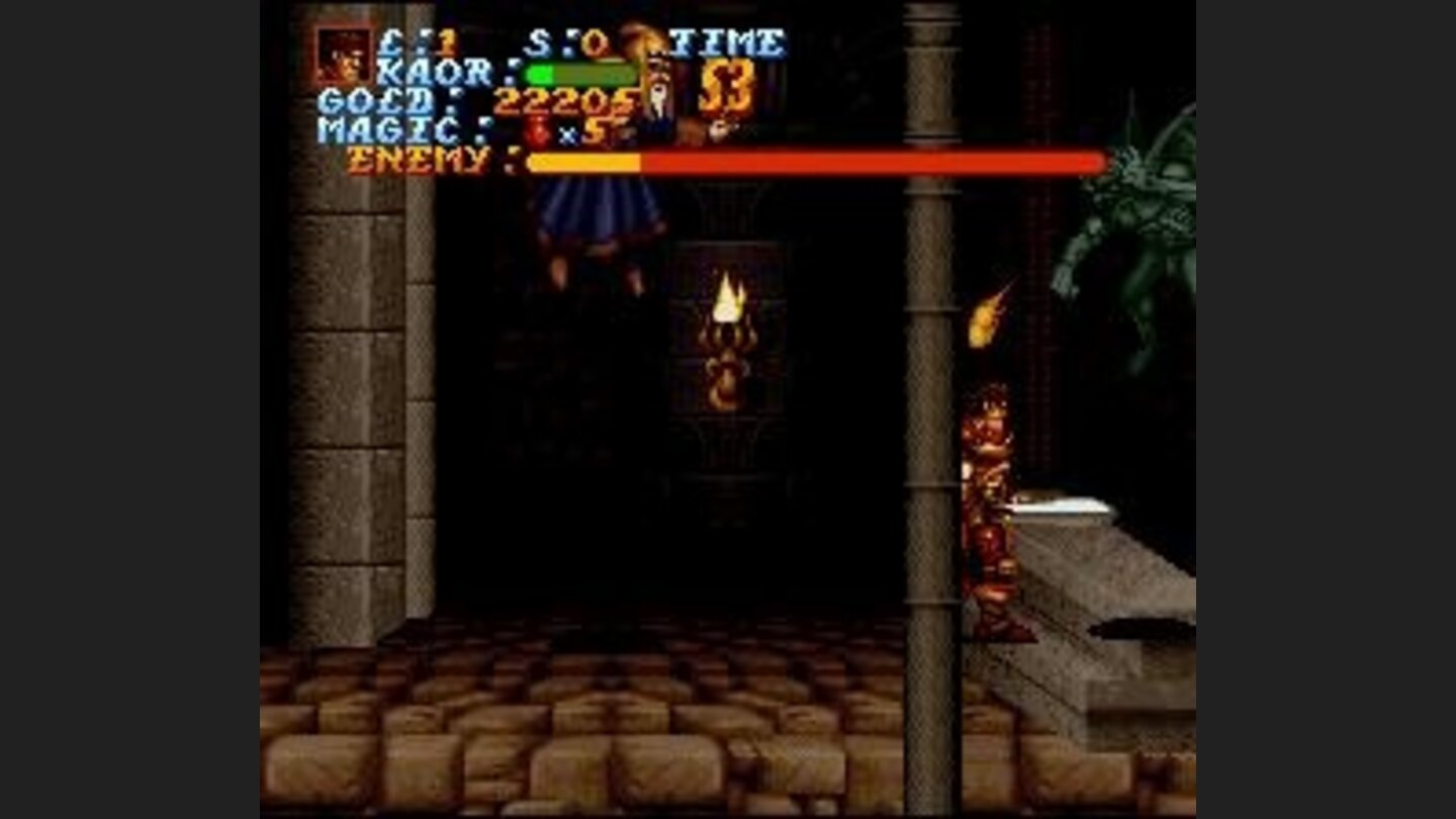 Boss-battle with a wizard who has summoned a gargoyle to help him out.