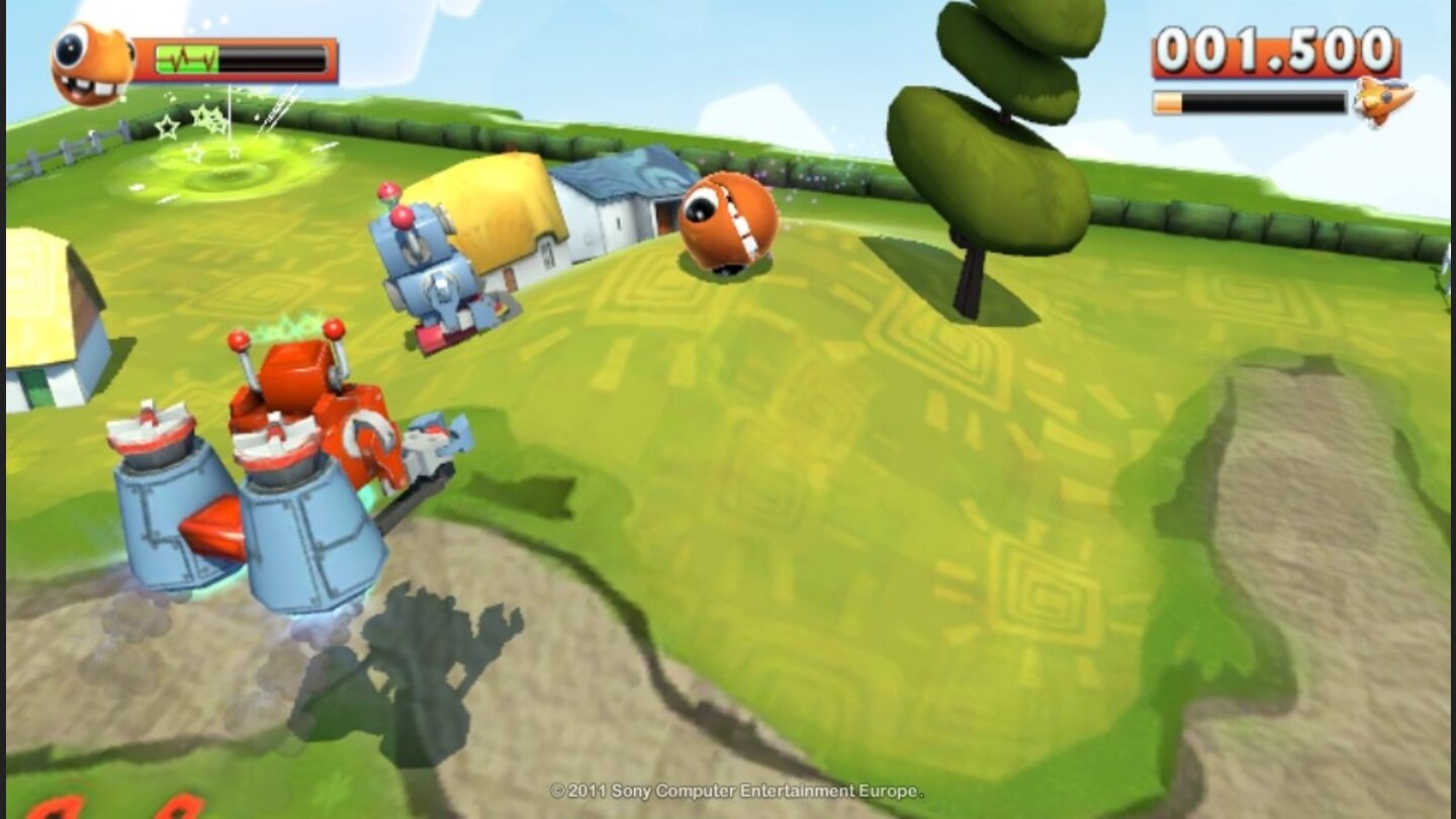 Little DeviantsMit dem hinteren Touchpad heben wir den Boden an, um das Kugelmonster ins Ziel zu rollen.