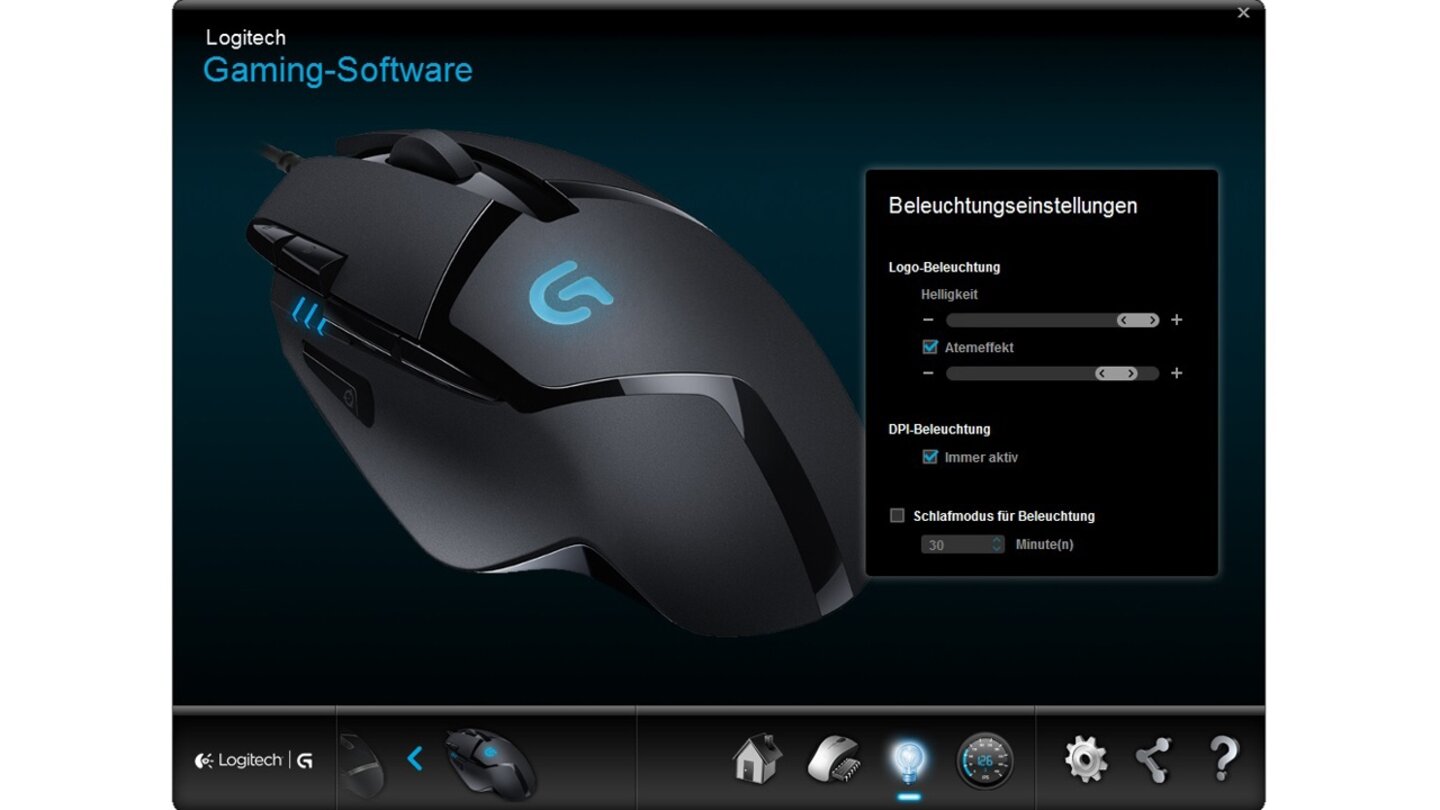 Im Beleuchtungsreiter regeln Sie die Helligkeit des Logitech-Logos, außerdem können Sie auf Wunsch einen Atemeffekt dafür einstellen.