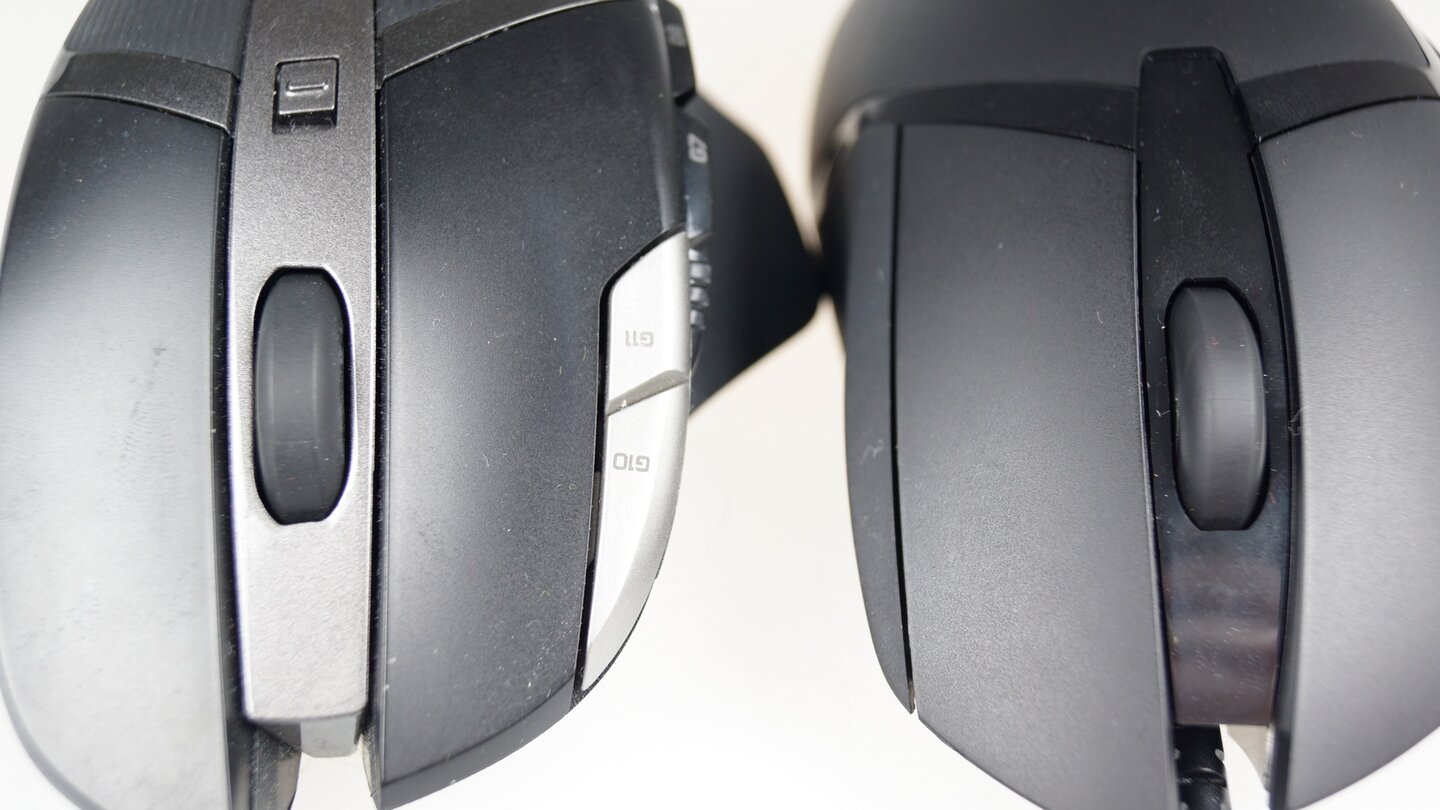 Logitech übernimmt bei der G402 (rechts) das Mausrad der G602 (links), allerdings erfordern die Rasterung und die mittlere Maustaste bei der G402 mehr Kraftaufwand.