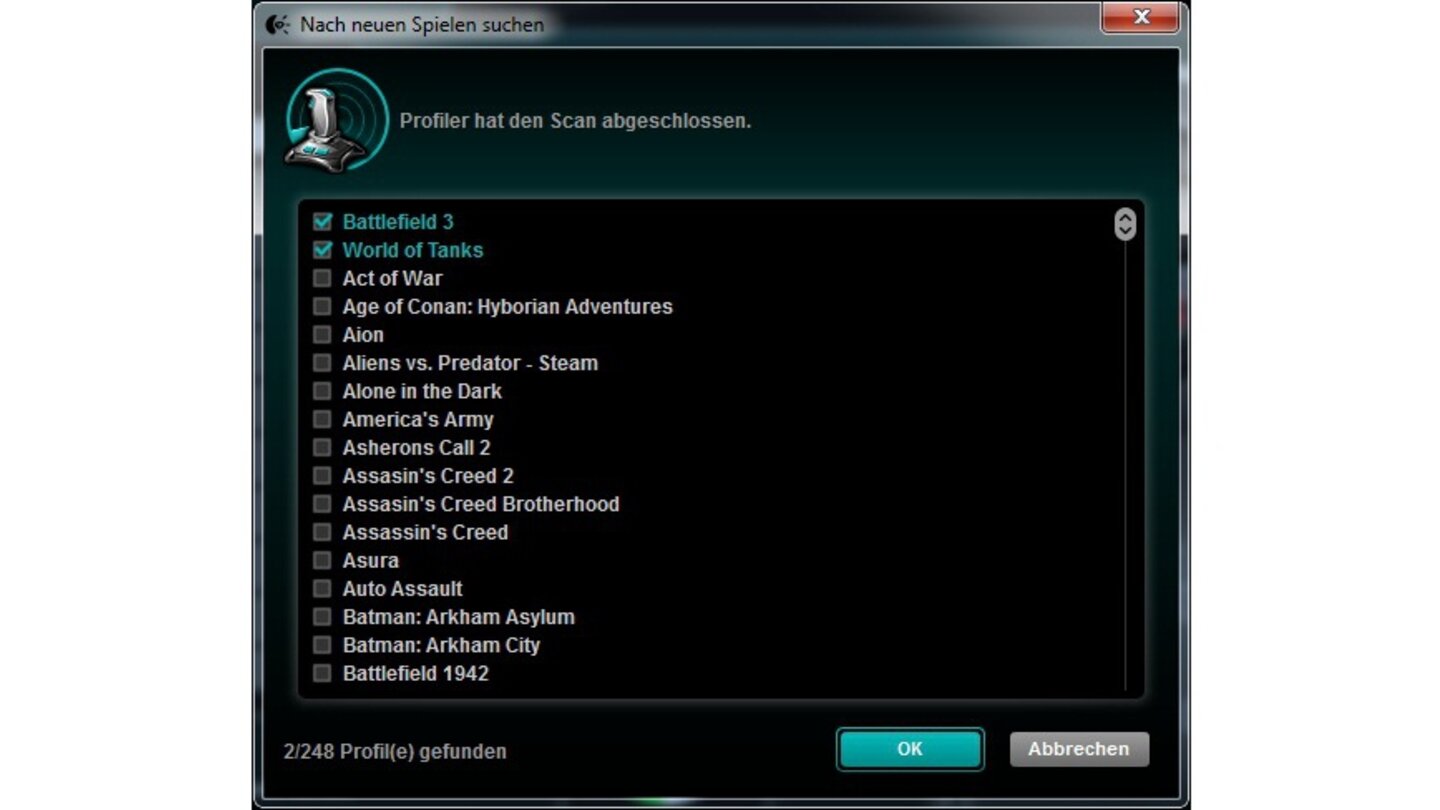 Logitech G600 MMODer Logitech-Profiler scannt die Festplatte nach installierten Spielen und schlägt Konfigurationseinstellungen für diese vor. Auch lassen sich die an die eigenen Vorlieben anpassen.