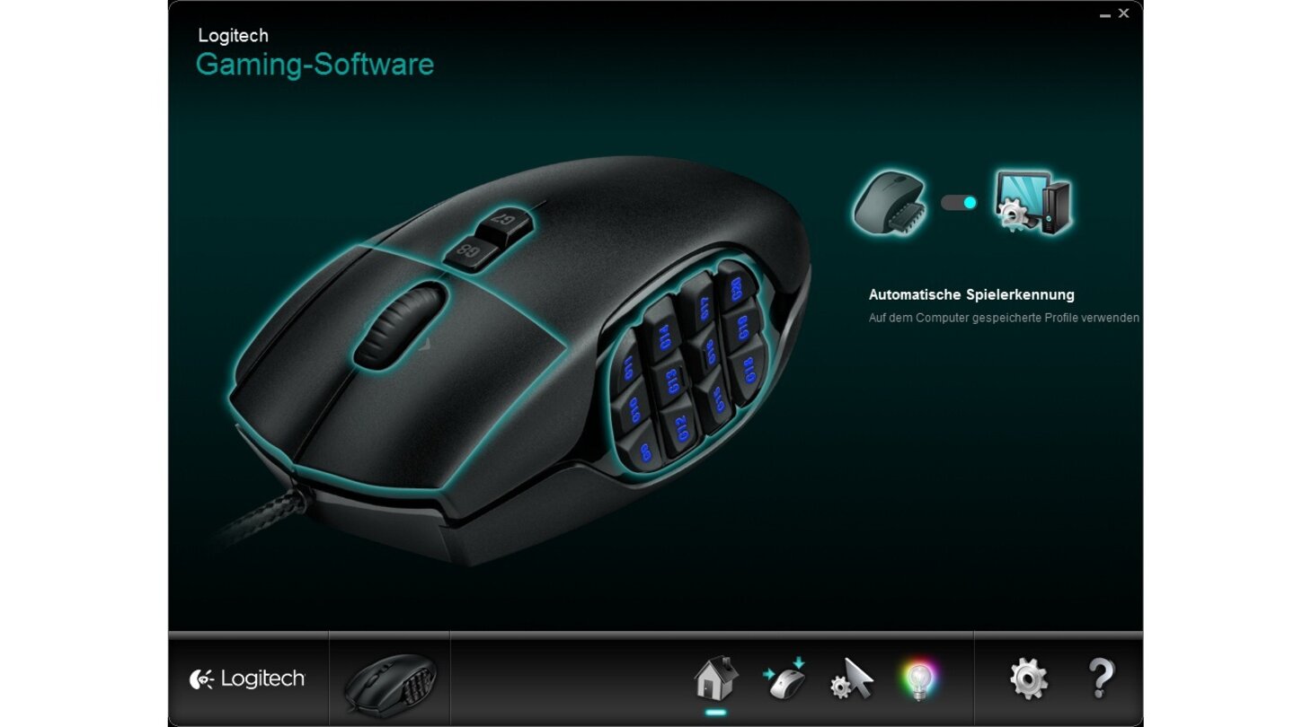 Logitech G600 MMODas Hauptfenster des Treibers erlaubt das Umschalten zwischen auf dem Rechner oder den intern gespeicherten Profilen.