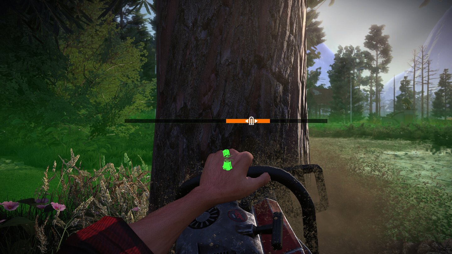 Lumberjack's DynastyBeim Baumschneiden mit dem Fichtenmoped müssen wir das Sägesymbol mit der Maus im Balkenbereich halten. Das war’s auch schon.