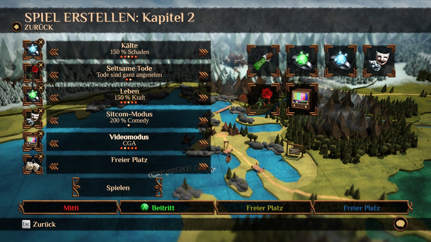 Magicka 2Mit freigeschaltenen Artefakten passen wir unser Spiel in einigen Optionen an. Zum Beispiel mehr Leben oder mehr Kälteschaden.