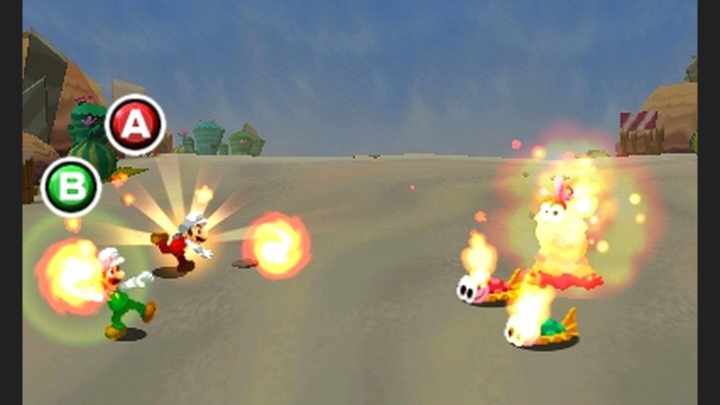 Mario + Luigi: Dream Team Bros.In der Wachwelt steuert ihr die beiden Klempner unabhängig voneinander. Sowohl in der Offensive als auch in der Defensive ist das richtige Timing entscheidend.