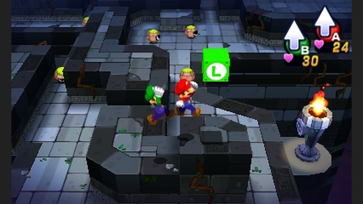 Mario + Luigi: Dream Team Bros.In der realen Welt weicht Luigi nicht von Marios Seite. Den Befehl für einen Sprung erteilt ihr jedem Charakter aber individuell.
