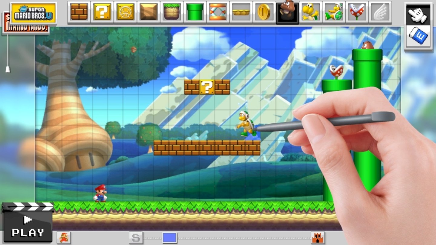 Super Mario MakerAuf Knopfdruck wechseln wir nach Belieben zwischen dem 8-Bit-Retrolook und dem modernen Grafikstil aus New Super Mario Bros. U.