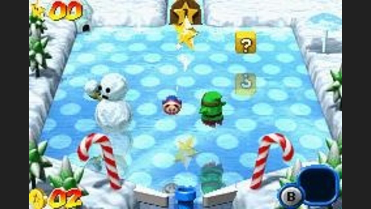 A typical ice level: ice puppets, pines, colorful canes... and Shy Guys?