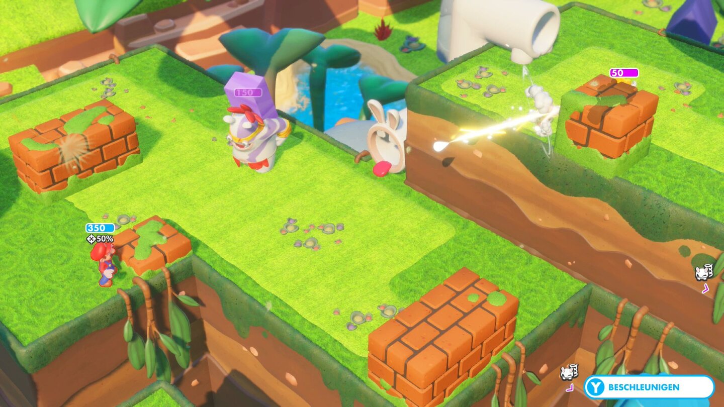 Mario + Rabbids: Kingdom BattleIn den Kämpfen gilt es einiges zu beachten. Der angreifende Rabbid (oben) verursacht wegen seiner erhöhten Position mehr Schaden und versteckt sich hinter einer guten Deckung. Mario ist hinter einer kleinen Deckung weniger gut geschützt.