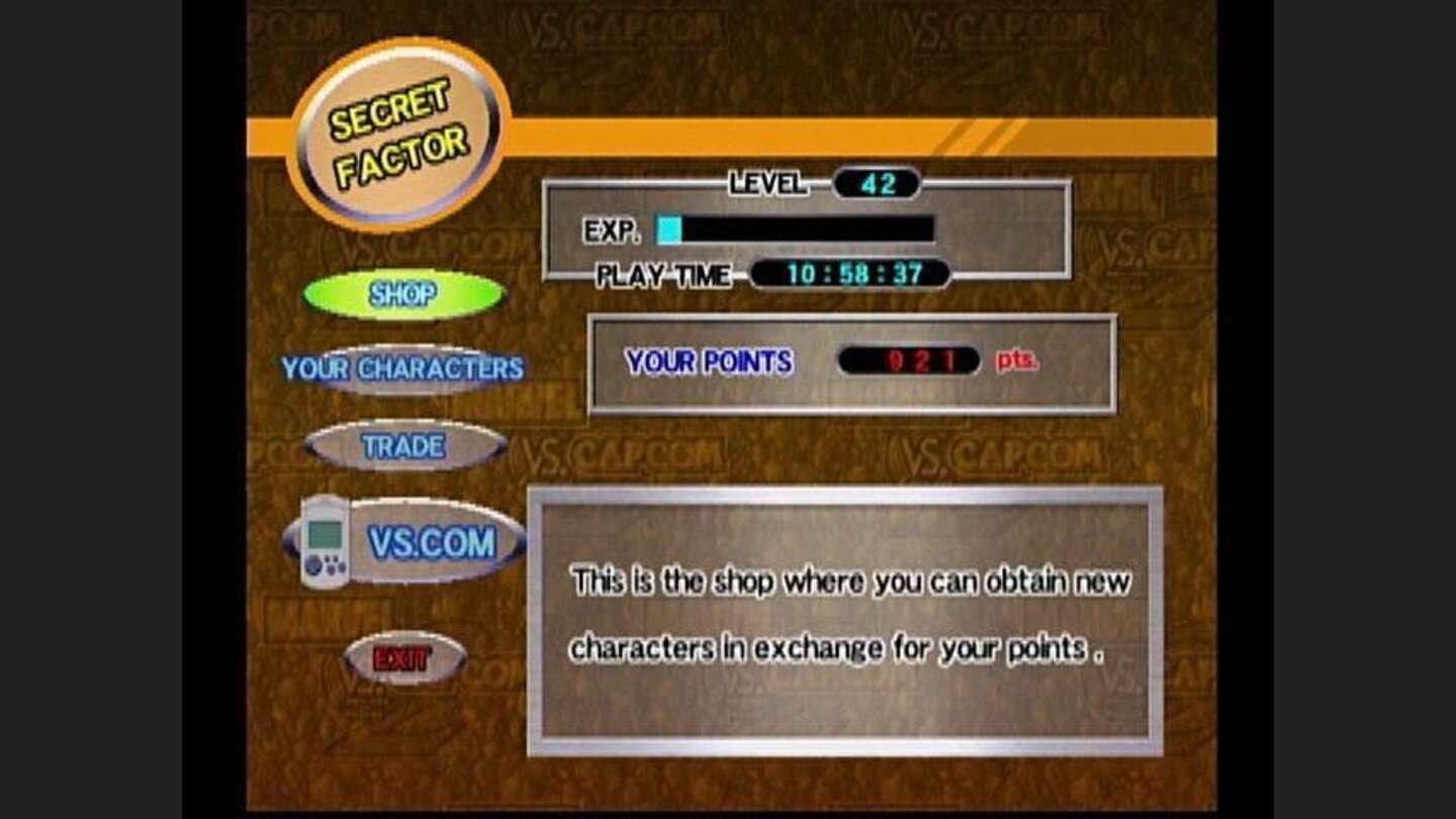 Ive played this HOW long? The secret factor screen tells you how much time youve dedicated to the game, plus allows you to buy bonus features, such as new characters and costumes.