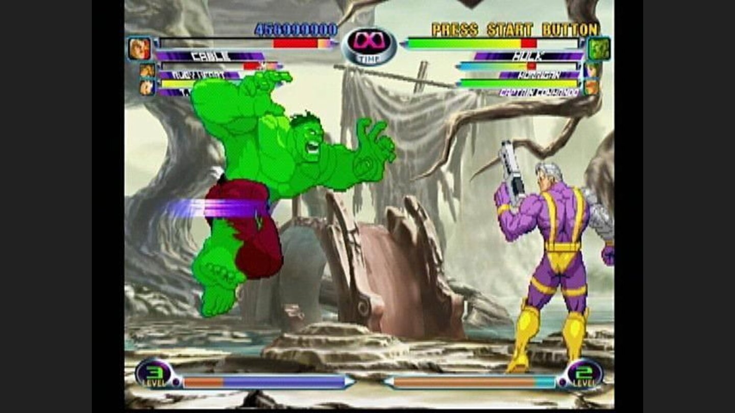 Faster than a speeding bullet. The Hulk dodges a shot as he lunges for Cable.