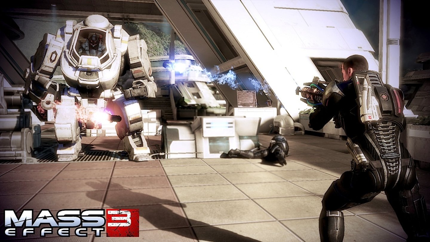 Mass Effect 3Es geht noch größer: Nicht nur Mechs wie dieser, sondern auch Turmhohe Reaper-Aliens trachten Shepard nach dem Leben.
