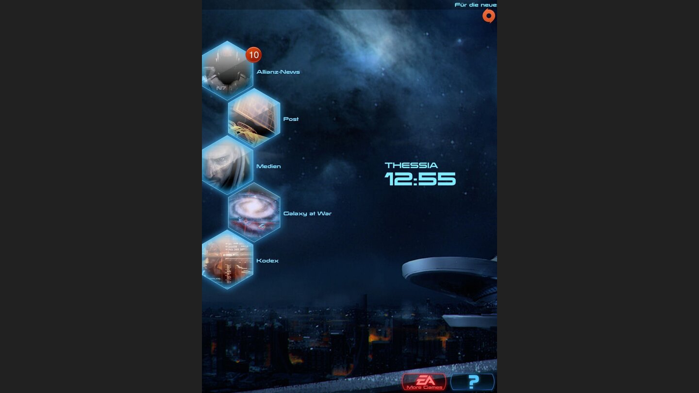 Mass Effect: Datapad Im Hauptmenü des Datapad wechseln die Hintergrundbilder ständig durch und zeigen bekannte Schauplätze aus dem Mass Effect-Universum.