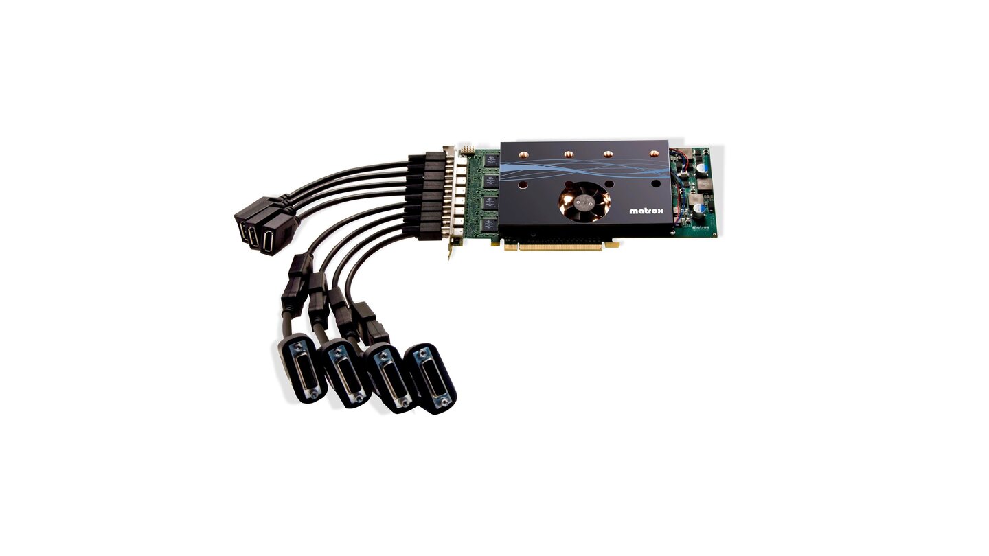 Matrox M9188 PCIe x16 (2009): Matrox ist ein Hersteller, der in der jüngeren Vergangenheit eher im professionellen Anwendungsbereich angesiedelt ist und Spielern vor allem wegen der Drei-Monitor-Technik TripleHead2Go ein Begriff sein dürfte. Eine Matrox-Besonderheit ist die M9188, die als erste Single-Slot-Grafikkarte den Anschluss von acht Monitoren ohne zusätzliche Adapter ermöglicht. Für 3D-Anwendungen allerdings vollkommen ungeeignet.