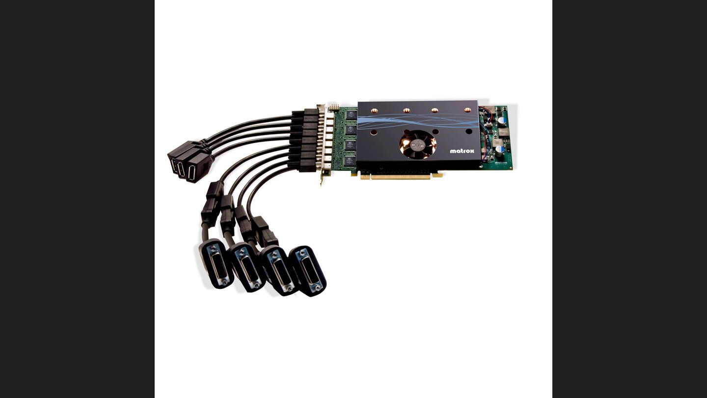 Matrox M9188 PCIe x16 (2009): Matrox ist ein Hersteller, der in der jüngeren Vergangenheit eher im professionellen Anwendungsbereich angesiedelt ist und Spielern vor allem wegen der Drei-Monitor-Technik TripleHead2Go ein Begriff sein dürfte. Eine Matrox-Besonderheit ist die M9188, die als erste Single-Slot-Grafikkarte den Anschluss von acht Monitoren ohne zusätzliche Adapter ermöglicht. Für 3D-Anwendungen allerdings vollkommen ungeeignet.