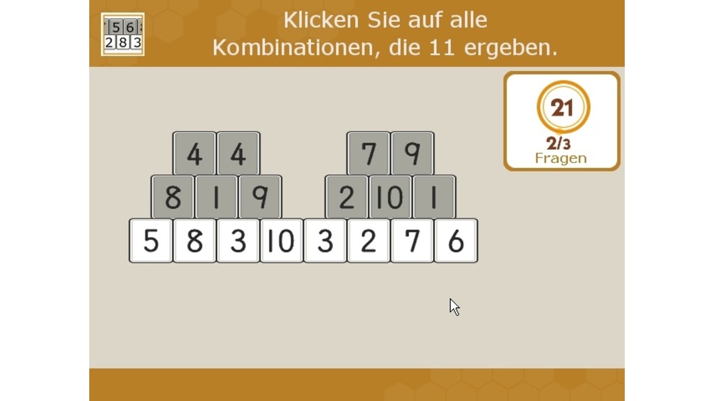 Mauer 11: Klicken Sie auf die weiß hinterlegten Zahlenpaare, die zusammen 11 ergeben.
