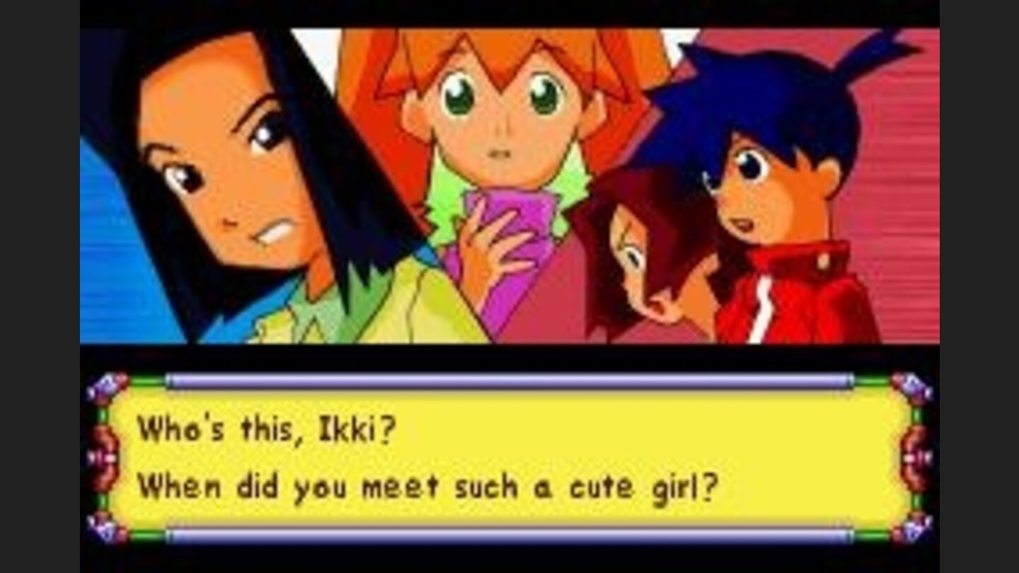 Everyone meets! From the left, you have Koji with his sister Karin in the center. Then you have Erika and you on the right (you think Karin is cute, btw)