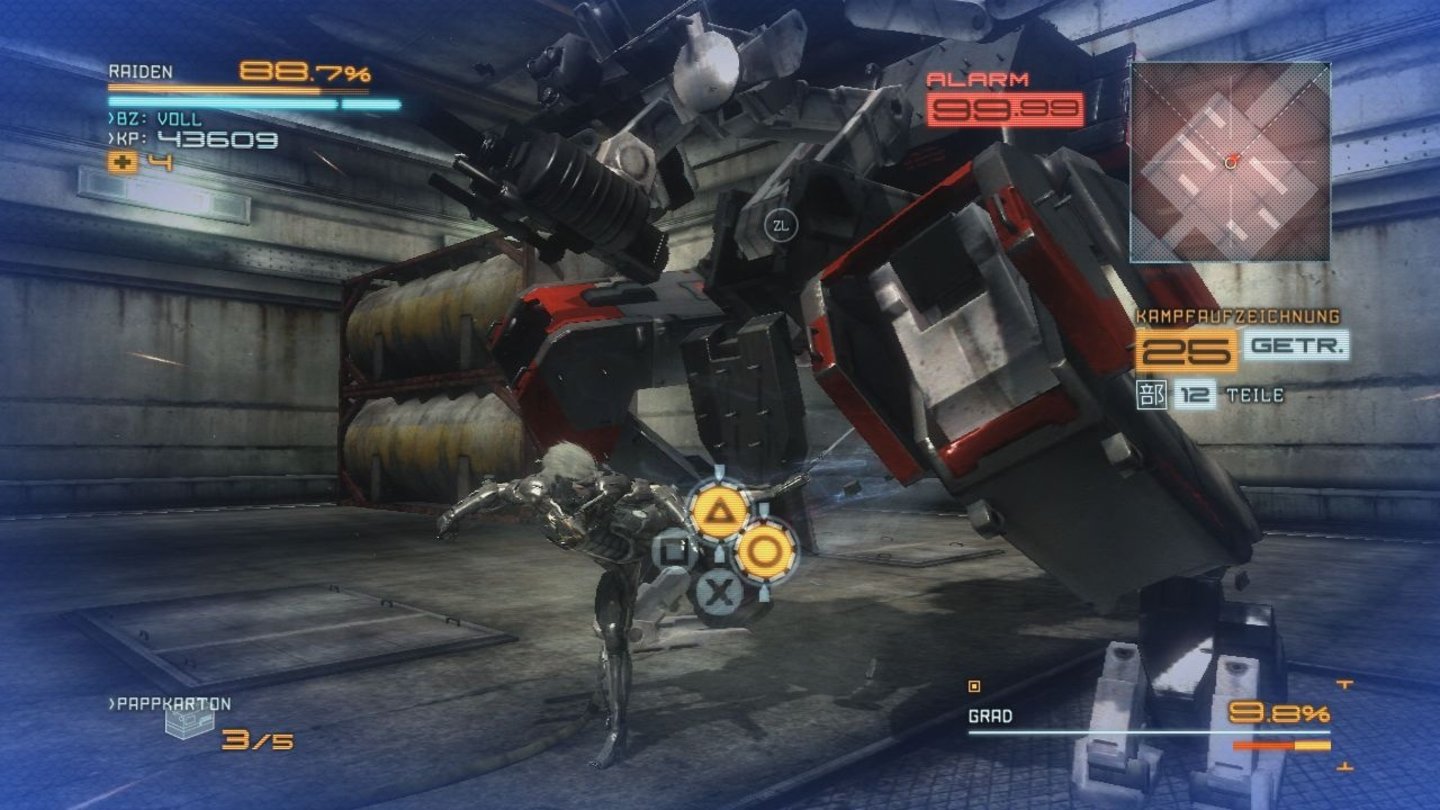 Metal Gear Rising: RevengeanceGrößere Gegner wie dieser Roboter haben meist spezielle Schwachstellen. Und wie bei allem gilt: Blocken nicht vergessen!