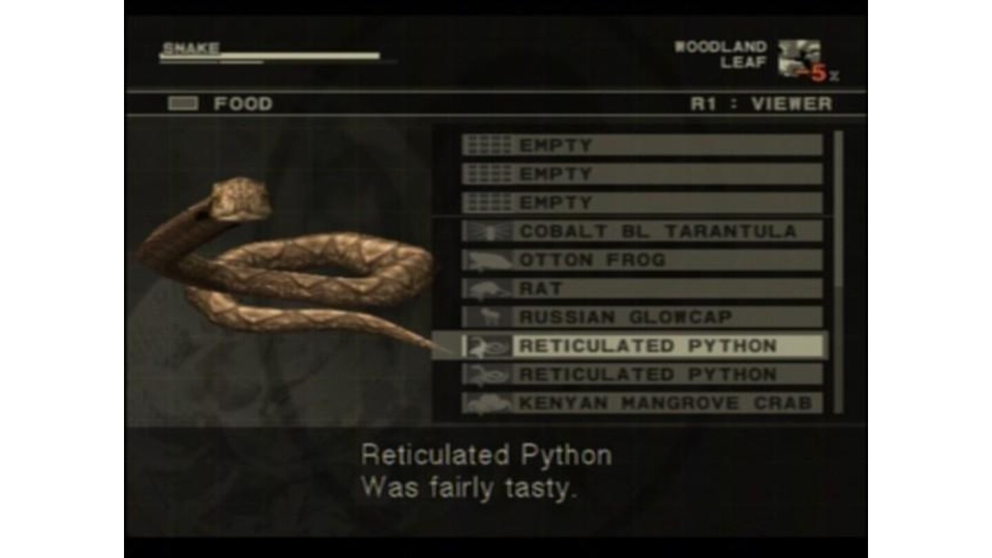 In order to keep his stamina high, Snake can eat flora and/or fauna he gathered or caught along the way