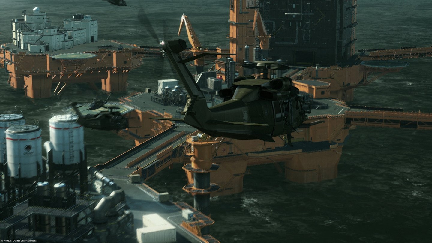 Metal Gear Solid 5: The Phantom PainAuf dem Hubschrauber prangt das Emblem der Diamond Dogs, Snakes neuer Truppe.