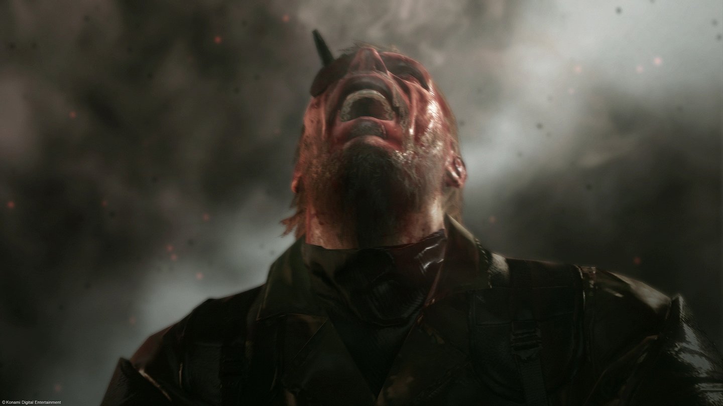 Metal Gear Solid 5: The Phantom PainSeit der Zerstörung von Mother Base steckt ein Metallsplitter in Snakes Stirn.