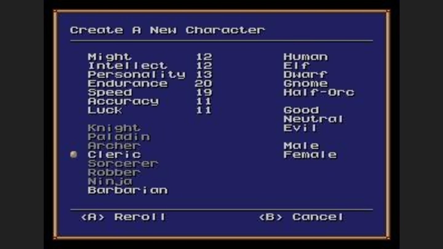 Create your own character from a list of options