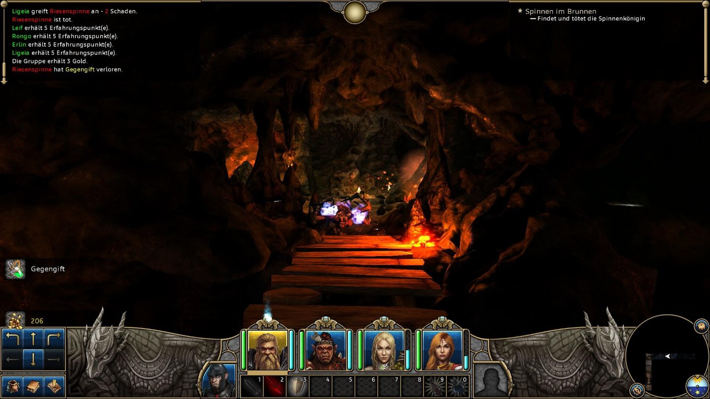 Might & Magic 10 Legacy - Screenshots aus dem 1. AktWährend wir diesen hübsch designten Dungeon erkunden, sehen wir in der Ferne die violetten Überreste eines besiegten Gegners.
