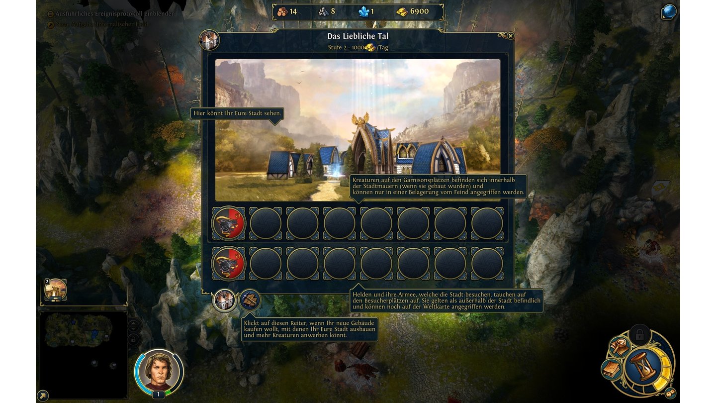 Might & Magic: Heroes 6Den Start-Stadtbildschirm können wir getrost überspringen. Die wichtigen Aktionen finden unter anderen Reitern statt.