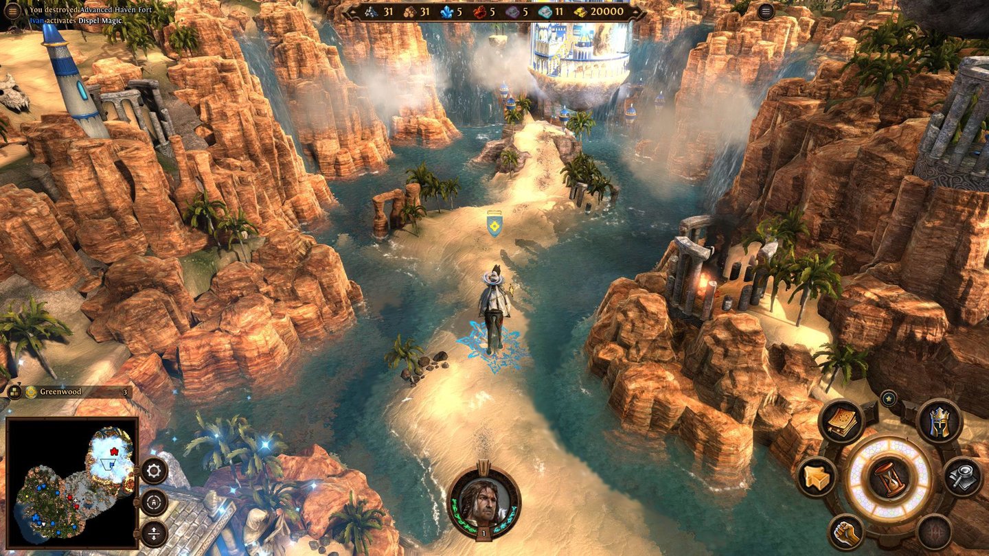 Might & Magic: Heroes 7Im Hintergrund des orientalischen Oasenpanoramas schwebt eine Stadt der Academy-Fraktion.