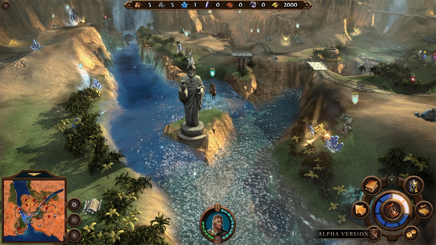 Might & Magic: Heroes 7Die Statue lässt sich umschubsen und als Brücke missbrauchen. So umgehen wir die dicke Festung ganz hinten links am Wasserfall.