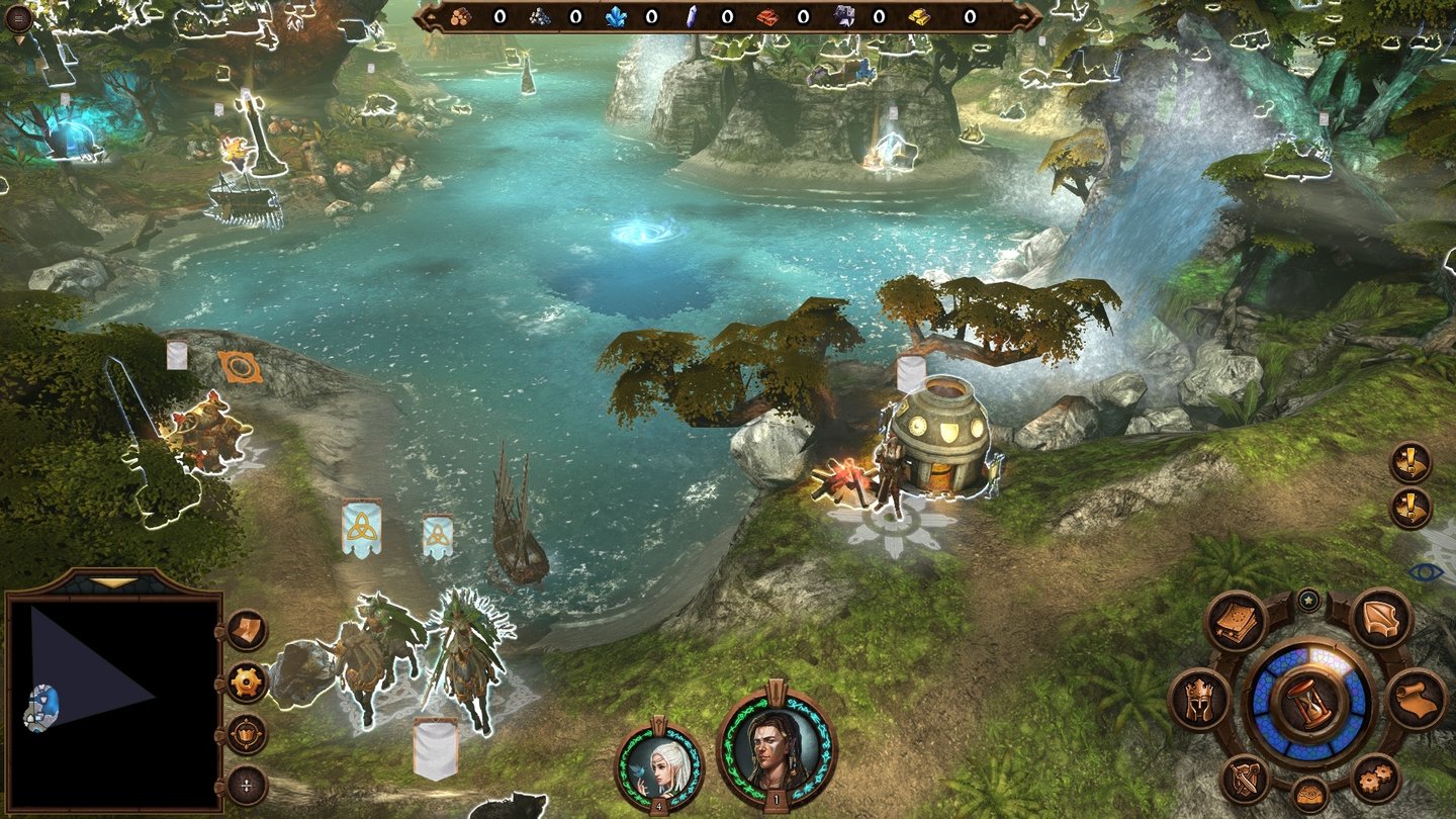 Might & Magic: Heroes 7Per Alt-Taste kriegen interaktive Elemente einen weißen Rahmen.